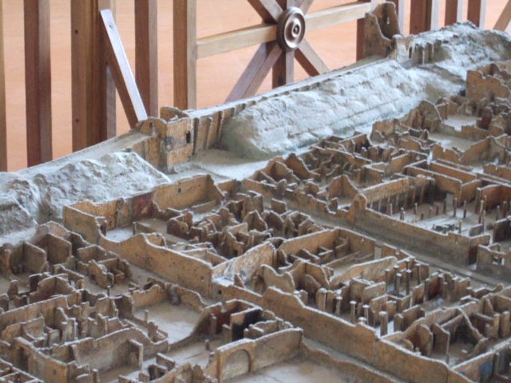 Location of street altar at north end of Via di Mercurio, in front of Tower XI, and on the wall that blocked the end of the street.  From model in Naples Archaeological Museum.