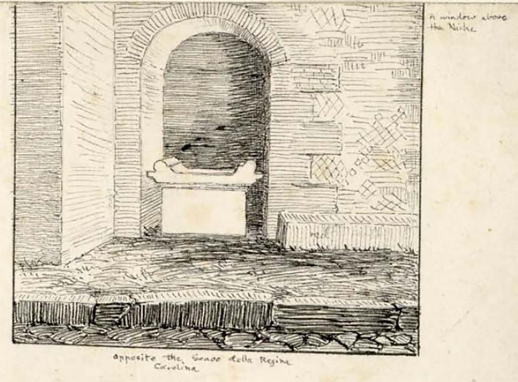 VIII.2.25 Pompeii. Between 1819 and 1832, drawing by W. Gell of street altar on south side of Vicolo della Regina.
See Gell, W. Pompeii unpublished [Dessins de l'édition de 1832 donnant le résultat des fouilles post 1819 (?)] vol II, pl. 33.
Bibliothèque de l'Institut National d'Histoire de l'Art, collections Jacques Doucet, Identifiant numérique Num MS180 (2).
See book in INHA Use Etalab Licence Ouverte
