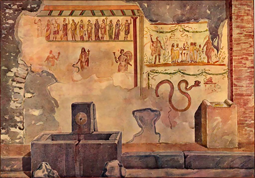 Pompeii street shrine (compitum) to 12 gods outside IX.11.1. Pre. 1942. Painting of shrine by Spinazzola.
See Spinazzola, V., 1953. Pompei alla luce degli Scavi Nuovi di Via dellAbbondanza (anni 1910-1923). Roma: La Libreria della Stato, Tav. XVIII.
