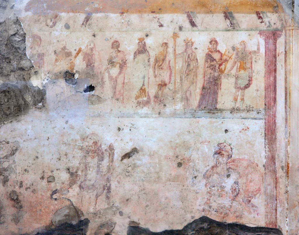 Street shrine outside IX.11.1 Pompeii. November 2012. 
Fresco of street shrine, in honour of the 12 gods. Photo courtesy of Davide Peluso.

