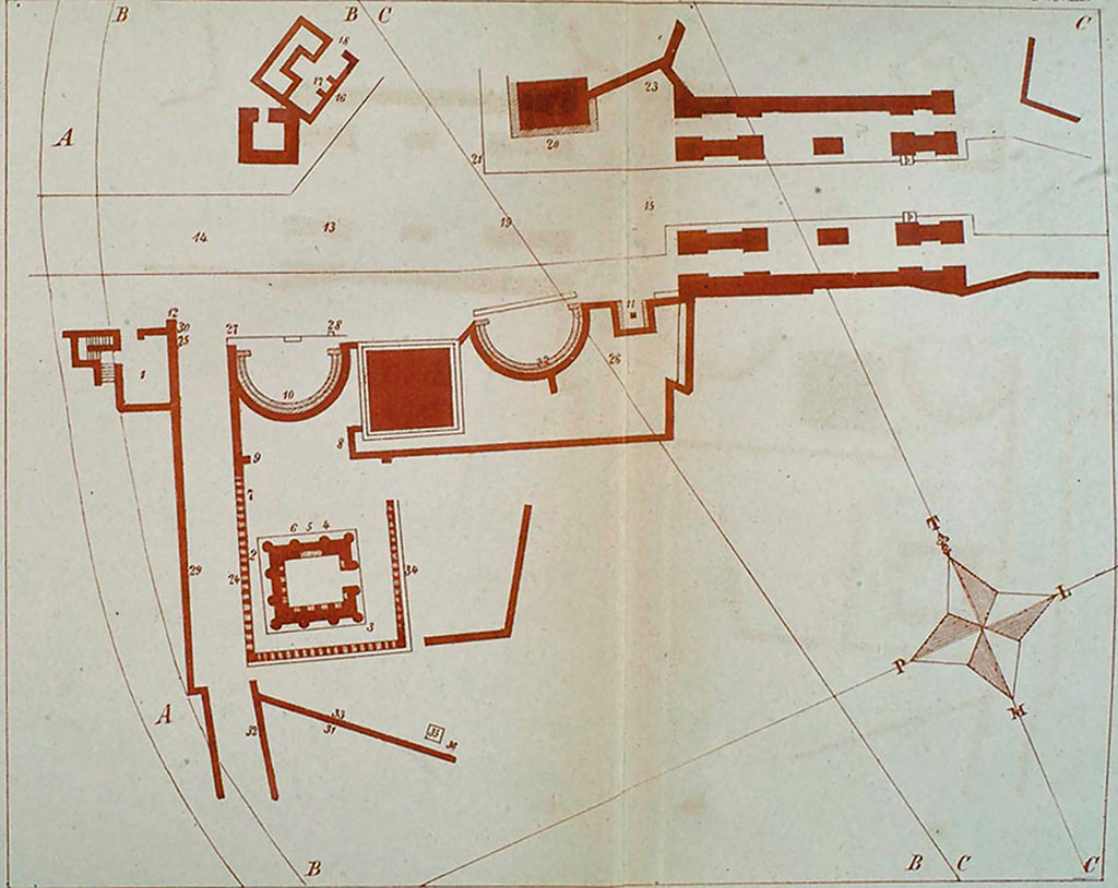 Pompeii street shrine on the corner of Via Pomeriale. The street altar is number 25 on this La Vega plan.
According to La Vega, "From the 5th to the 12th of August 1769. The painting of a large snake on white plaster was discovered, which was left on its site. 
On 12 August, near the aforementioned painting, a young man's head was found, slightly larger than life, which is a little missing from the nape of the neck and the tip of the nose. 
From the 14th to the 19th of August, near the same site, a clay lamp with a Genius in bas-relief was found, carrying a shield and a lance".
See Giornale degli Scavi di Pompei di Francesco La Vega 1763-1790, part B. no. 25 in Fiorelli G., 1860. Pompeianarum antiquitatum historia, Vol. 1: 1748 - 1818, Naples, p. 116 and Tab. III.
