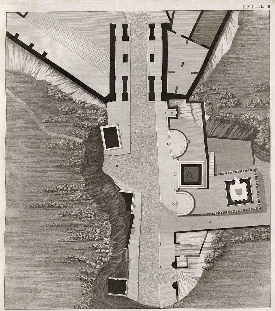 Pompeii street shrine on the corner of Via Pomeriale. Plan of location outside Herculaneum Gate published by Mazois in 1824.
According to Mazois "this painting was placed at the corner of a crossroads formed by the consular way and the street A.
See Mazois, F., 1824. Les Ruines de Pompei : Premiere Partie. Paris : Didot Frres, (p. 59 and Tav. III).
