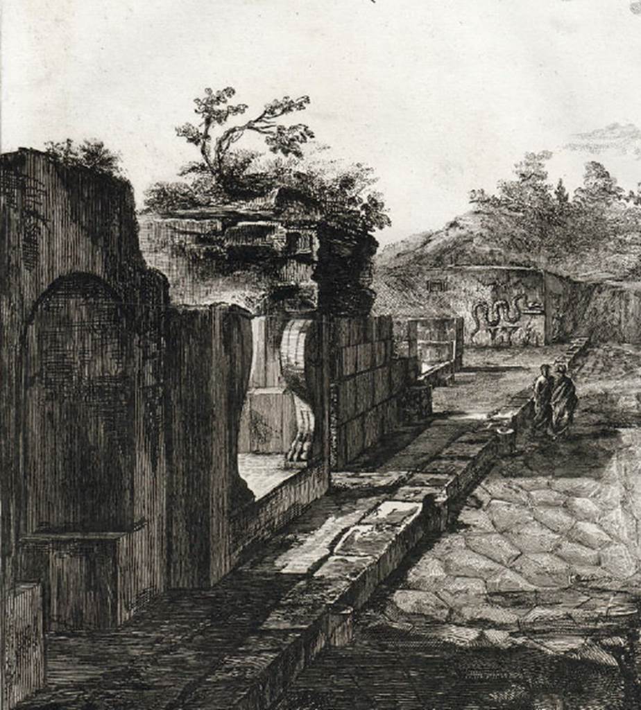 Pompeii street shrine on the corner of Via Pomeriale. 1804 drawing by Piranesi. Detail from view along Via dei Sepolcri, showing street shrine on the corner of Via Pomeriale. See Piranesi, F, 1804. Antiquites de la Grande Grece: Tome I. Paris: Piranesi and Le Blanc. (Pl. V).