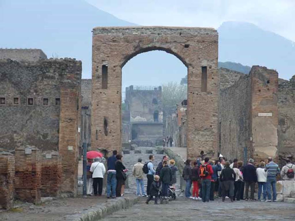 Arch of Caligula. May 2010. South side, looking north to Tower XI, the Tower of Mercurio.