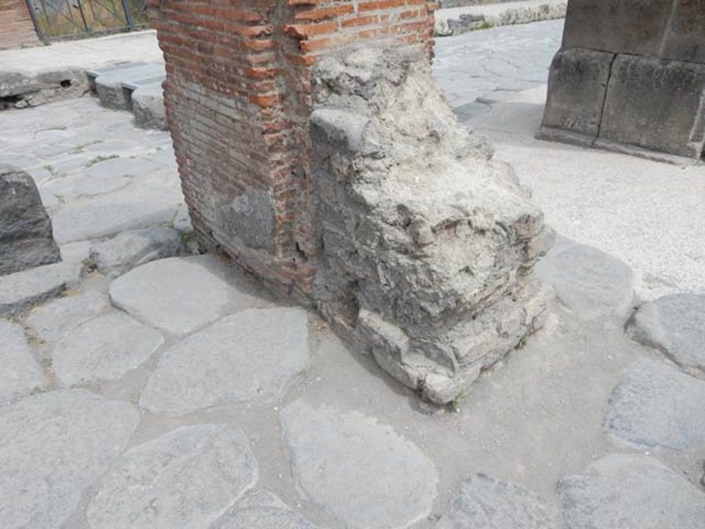 Arch of Marcus Holconius Rufus. May 2017. South-east pillar with remains of a statue base.  One of the four pillars supporting the arch. Photo courtesy of Buzz Ferebee.
