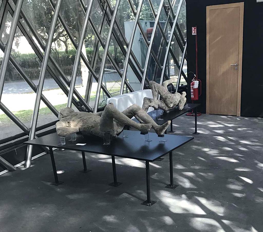 Pompeii. April 2019. General view of two more plaster-casts, with victim numbered 9 at front, left of centre. 
Photo courtesy of Rick Bauer.
