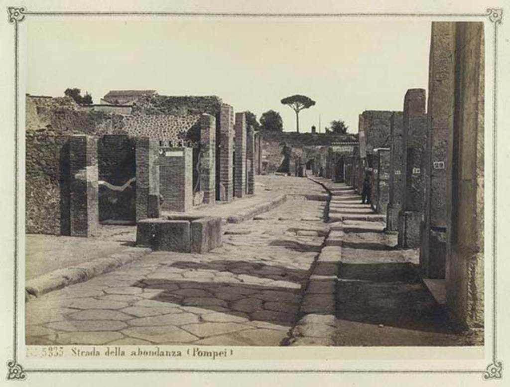 Fountain outside VII.14.13 and VII.14.14 on Via dellAbbondanza. From an album dated February 1874. Looking east from near fountain.
In the distance is the as-yet-unexcavated area near Holconius crossroads. Photo courtesy of Rick Bauer.

In the distance is the as-yet-unexcavated area near Holconius crossroads. Photo courtesy of Rick Bauer.
