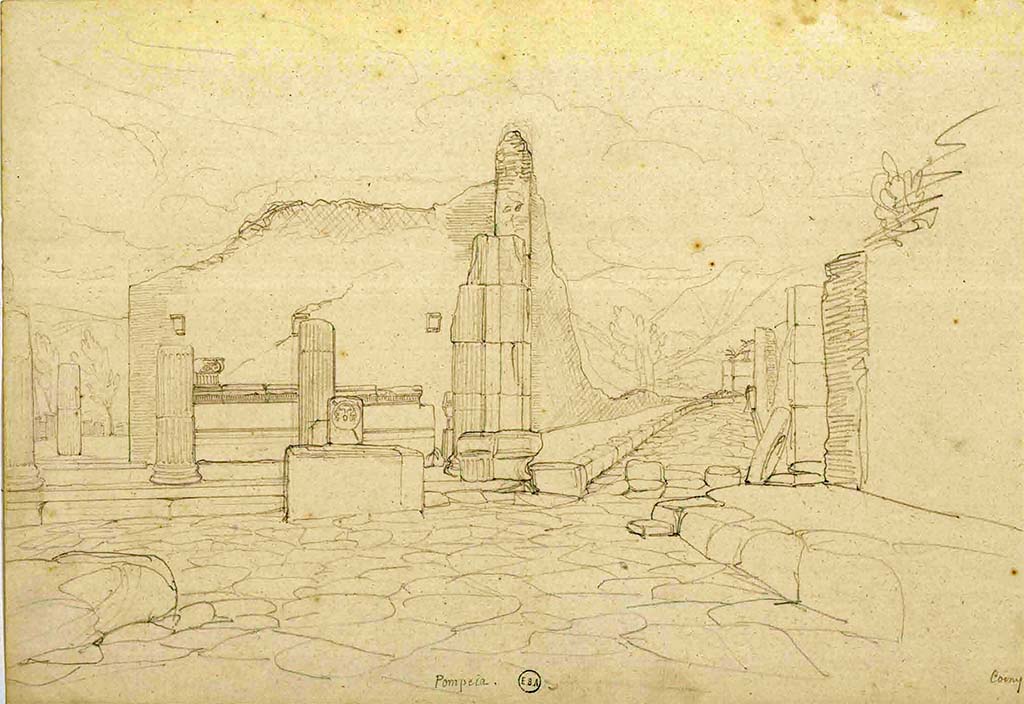 Fountain outside VIII.7.30 Pompeii. 1823? Sketch by Lesueur, looking south in Via dei Teatri towards fountain and entrance to Triangular Forum.
See Lesueur, Jean-Baptiste Ciceron. Voyage en Italie de Jean-Baptiste Ciceron Lesueur (1794-1883), pl. 72.
See Book on INHA reference INHA NUM PC 15469 (04)   Licence Ouverte / Open Licence  Etalab
