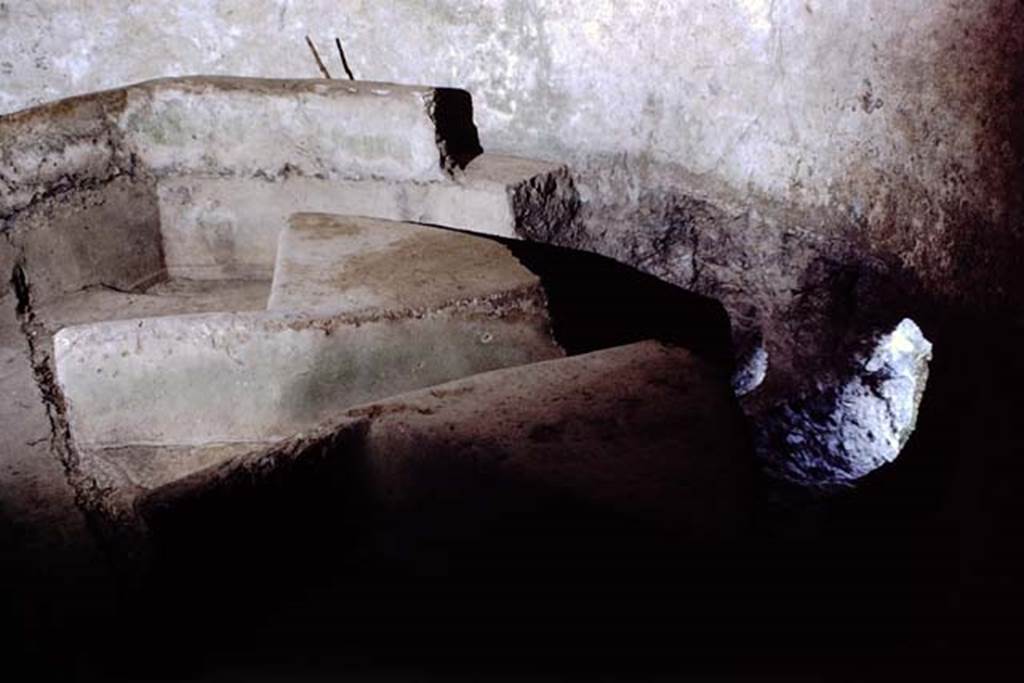 Castellum Aquae Pompeii., 1968.  System with two dividing walls for channelling the water into the three different pipes.
Photo by Stanley A. Jashemski.
Source: The Wilhelmina and Stanley A. Jashemski archive in the University of Maryland Library, Special Collections (See collection page) and made available under the Creative Commons Attribution-Non Commercial License v.4. See Licence and use details.
J68f1207
