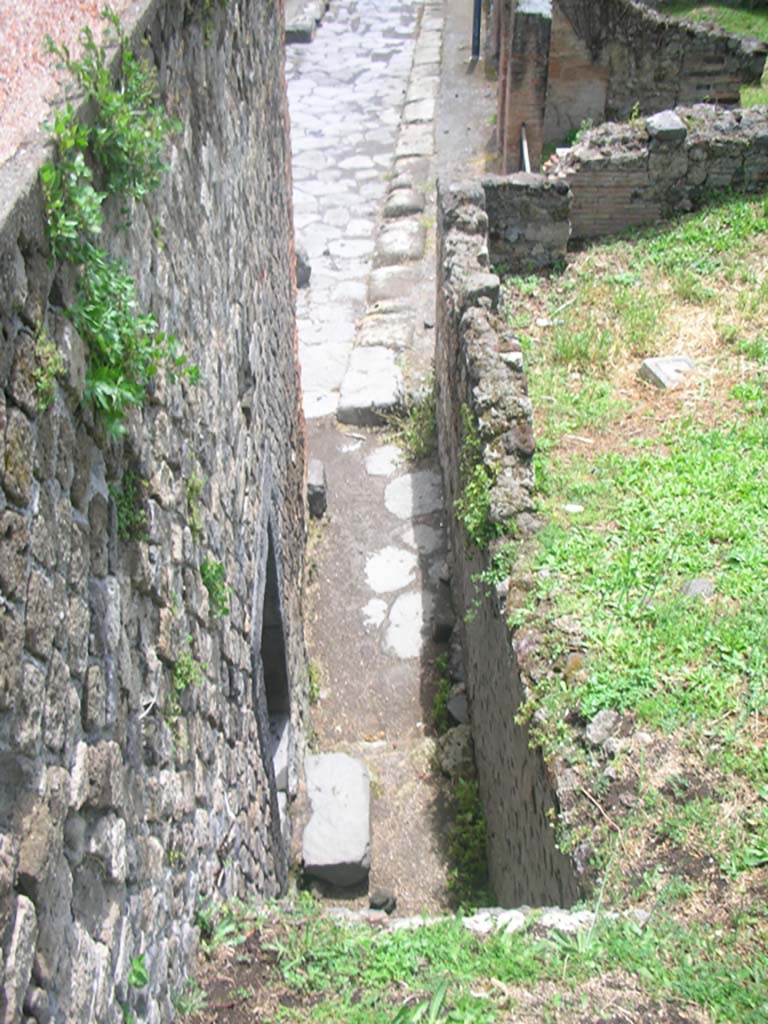 Castellum Aquae, Pompeii. May 2010. 
Looking south along west side, from upper area of Vesuvian Gate towards north end of Vicolo dei Vettii.
Photo courtesy of Ivo van der Graaff.


