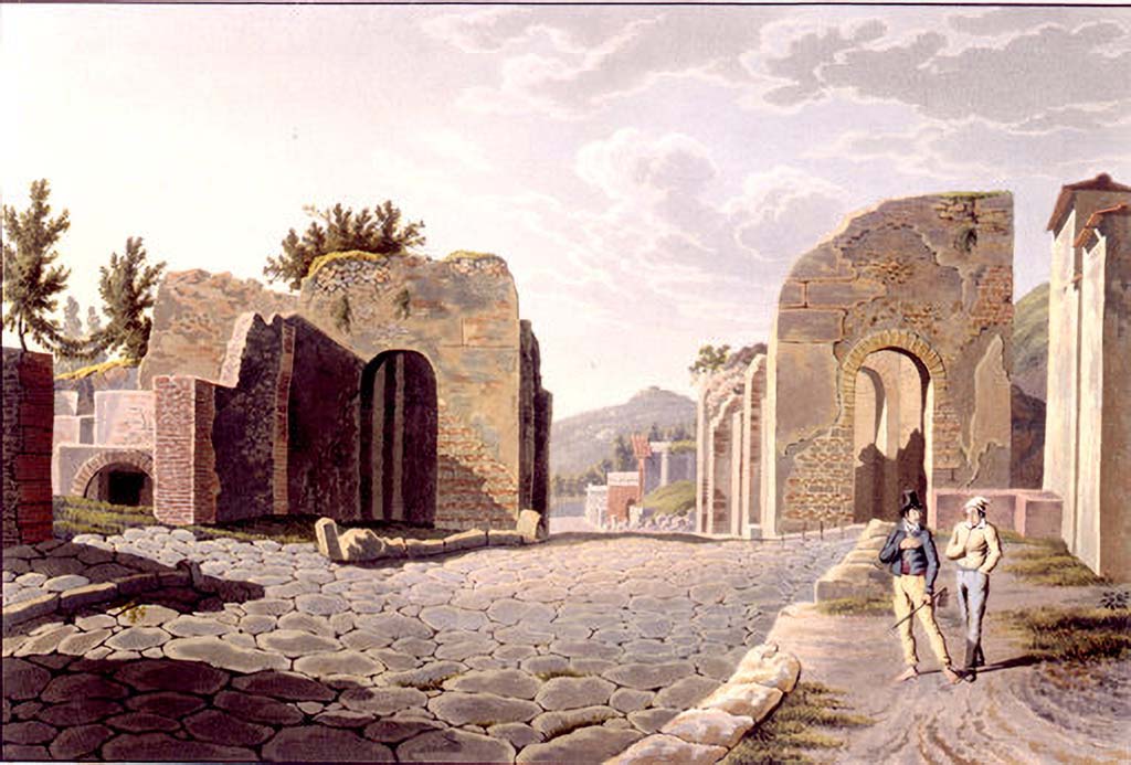 Porta Ercolano or Herculaneum Gate, Pompeii. 
Pre-1824 aquatint by Jakob Wilhelm Huber, “Intérieur de la Porte vers les Tombeaux”, looking north to Gate, with VI.17.1, on left.
See Huber, J. W., 1824. Vues pittoresques des ruines les plus remarquables de l’ancienne ville de Pompei, pl. IV. 

