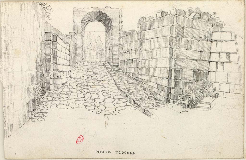 Pompeii Porta Nola. C.1819 sketch by W. Gell. Looking west from outside city along Via di Nola towards gate.
See Gell W & Gandy, J.P: Pompeii published 1819 [Dessins publiés dans l'ouvrage de Sir William Gell et John P. Gandy, Pompeiana: the topography, edifices and ornaments of Pompei, 1817-1819], p. 31/158.
See book in Bibliothèque de l'Institut National d'Histoire de l'Art [France], collections Jacques Doucet Gell Dessins 1817-1819
Use Etalab Open Licence ou Etalab Licence Ouverte
