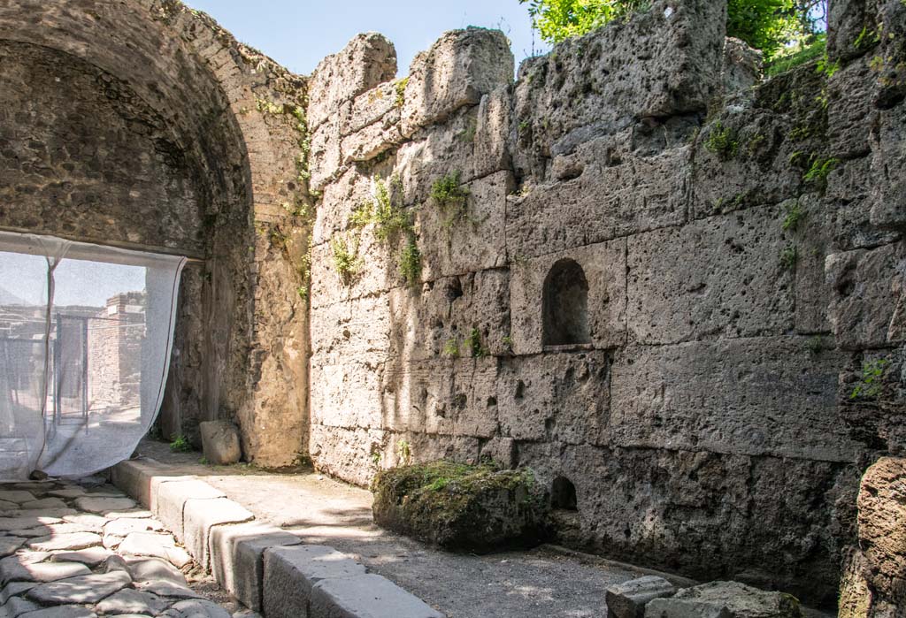 Porta Stabia Pompeii. June 2019. Looking north along east wall towards Gate. Photo courtesy of Johannes Eber.