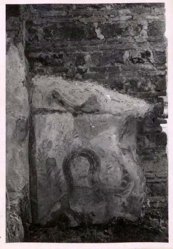 IX.2.6 Pompeii. Pre-1943. Photo by Tatiana Warscher.
According to Warscher, quoting Fiorelli –
In a rear room (b), on the west wall, is a fragmentary panel of white stucco bordered in red, on which is painted a single red serpent coiling among plants.
See Warscher, T. Codex Topographicus Pompeianus, IX.2. (1943), Swedish Institute, Rome. (no.15a.), p. 39.
Boyce records:
Taberna. 1n a rear room, on the W. wall, is a fragmentary panel of white stucco bordered in red, on which is painted a single red serpent coiling among plants.
FIORELLI, Scavi, 55.
See Boyce G. K., 1937. Corpus of the Lararia of Pompeii. Rome: MAAR 14, (p. 80, no. 391).




