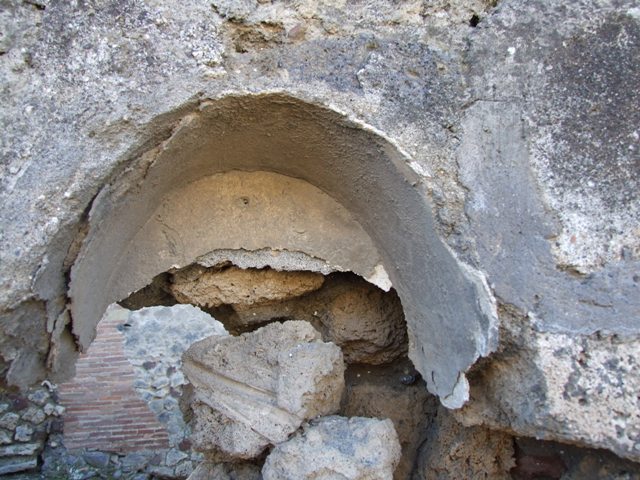 IX.9.1 Pompeii. March 2009. Remains of niche. 
According to Boyce – 
In the west wall is a vaulted niche (h.0.43, w.0.42, d. varies from 0.17 to 0.21, h. above floor 1.20).
Its inside wall were coated with white stucco. 
He quoted Notizie degli Scavi di Antichità, 1888, 514 as his source.
See Boyce G. K., 1937. Corpus of the Lararia of Pompeii. Rome: MAAR 14. (p.90 no. 453) 
