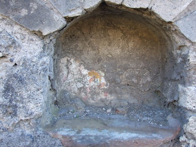 IX.9.a/2 Pompeii. March 2009. 
According to Boyce –
In the west wall of the peristyle is an arched niche (h.0.35, w.0.40, d.0.30, h. above floor 1.27).
The white ground of the back wall of the niche shows faint traces of a painting; in the floor is a hole for the base of a statuette.
The wall below the niche is marked off as a panel by red stripes (h.0.65, w.2.0), and in the panel is the lararium painting.
In the centre stands an altar furnished with an egg, and on the left of it is a serpent coiling amidst plants with red flowers.
On the right of the same altar is the Genius accompanied by camillus and popa.
The Genius is wreathed, wears white tunic with a vertical stripe on the left side (the right side is covered by the toga) and the toga with the broad red band which is visible in the fold which he has drawn over his head, and carries the usual cornucopia and patera; the camillus is wreathed, wears white tunic with two vertical red stripes, and carries in the left hand a shallow dish with unidentified objects represented in it, in his right hand – leaves and fillets; the popa stands farthest to the right, is also wreathed, wears a garment around the lower part of his body, and holds a sacrificial knife in his right hand, while he conducts a hog adorned with a broad red band towards the altar.
His references – Not. Scavi,1888, 515.
See Boyce G. K., 1937. Corpus of the Lararia of Pompeii. Rome: MAAR 14.  (p. 90-91, no. 454)
See Giacobello, F., 2008. Larari Pompeiani: Iconografia e culto dei Lari in ambito domestico. Milano: LED Edizioni. (IX.9.2:110, p.213, no.110).
See IX.9.a for further photos of peristyle area, and surrounding rooms. 

