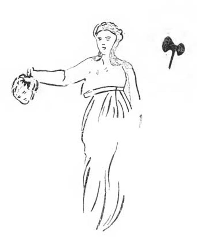 IX.9.11 Pompeii. 1890 drawing of part of the lararium painting, room 6, garden area. Agave holds the head of Pentheus in her outstretched right hand. To her left is an axe. See Bullettino dell’Instituto di Corrispondenza Archeologica (DAIR), 1890, p. 251.