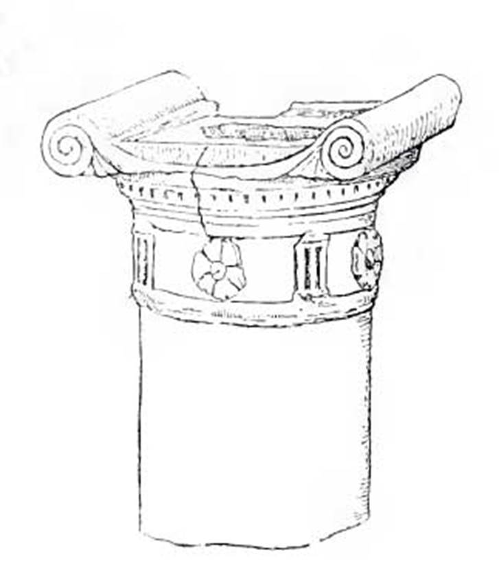 IX.9.11 Pompeii. Room 6, garden area, south west corner, under the lararium painting. Drawing of small cylindrical terracotta altar, the top of which showed signs of burning. See Bullettino dell’Instituto di Corrispondenza Archeologica (DAIR), 1890, p. 251.