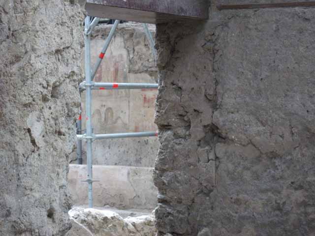 IX.12.6 Pompeii. February 2017. 
Room 6, west wall with lararium, and preparatory sketch, on right. Photo courtesy of Johannes Eber.


