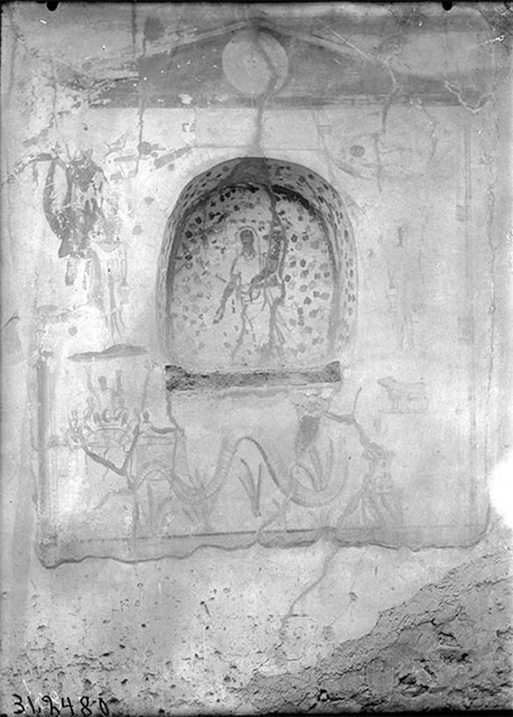 IX.14.4 Pompeii. 1911. Lararium in kitchen 18 at the time of excavation.
See Notizie degli Scavi di Antichità, 1911, p. 217, Fig. 3.
