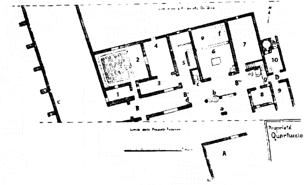 41. Valle di Pompei, Villa Rustica nella cava di lapillo di Angelantonio de Martino. 1929 plan of villa.
See Notizie degli Scavi di Antichità, 1929, p. 191, fig. 1.
