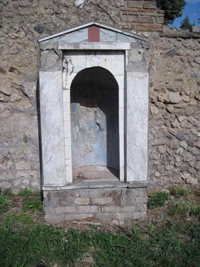 I.2.17 Pompeii. September 2010. Shrine/aedicula against east wall, looking east. Photo courtesy of Drew Baker.
According to Boyce, this may have been built as a lararium, or simple as a decorative aedicula.
See Boyce G. K., 1937. Corpus of the Lararia of Pompeii. Rome: MAAR 14. (p.22, no.10, pl.37,2) 


