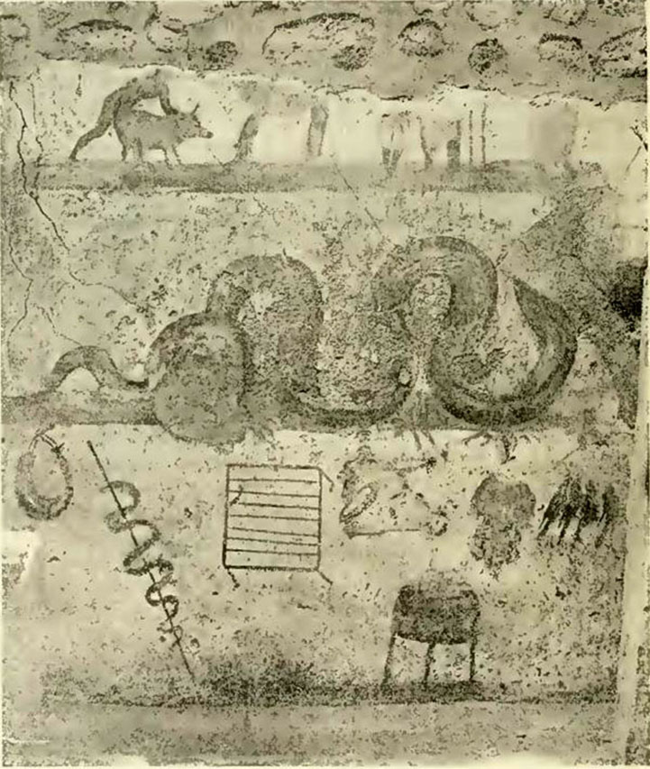 V.4.3 Pompeii. 1901 photograph of lararium painting on east wall of kitchen.
See Notizie degli Scavi di Antichità, 1901, p. 258-9, fig. 2.
