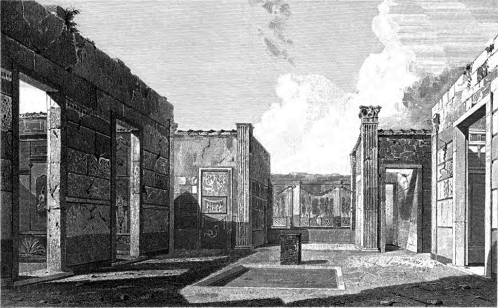 VI.2.4 Pompeii. 1852 painting, by Gell showing upper part of lararium.
According to Boyce, on the surface of a walled-up door which formerly led from the north ala into the triclinium, located on the north side of the tablinum, was a lararium painting upon a red background. 
In the centre was a blazing tripod, to the right of which stood the Genius, holding a patera above the flame.
To the left of the tripod was the tibicen with his foot upon a scabellum (foot stool).
On each side stood a Lar in blue tunic and red pallium and holding rhyton and patera.
Across the top were garlands which hung down on either side.
On the lower part of the wall, was a single serpent.
Four holes in the wall below the painting indicate the position of a projecting ledge for offerings or the images of the gods.
See Boyce G. K., 1937. Corpus of the Lararia of Pompeii. Rome: MAAR 14. (p. 44, no. 139).
See Gell, W. and Gandy, J., 1852. Pompeiana: Third Edition. London: Bohn.  (p. 126, pl. 31).
