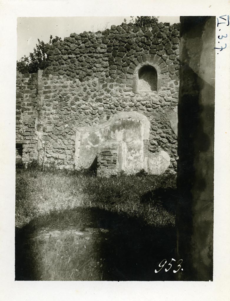 VI.3.7 Pompeii. Mazois drew this picture of a painting, altar and a niche but did not identify their location.  
See Mazois, F., 1824. Les Ruines de Pompei : Second Partie. Paris: Firmin Didot, p. 69, Pl. 24.2. 
Boyce (Plate 12. 4) describes this "as it appeared shortly after discovery in 1810" From Mazois II pl. 24, 2. 
According to Boyce, the niche was undecorated, but the altar was coated with red stucco. 
Behind the altar was a rectangle of white stucco, which served as a background for the Lararium painting.
Boyce makes the comment that there is a remarkable similarity between this, as reproduced by Mazois, and his painting of the shrine in the Temple of Isis, without the niche, in Vol. IV, pl.11, 5 of the same work.
See Boyce G. K., 1937. Corpus of the Lararia of Pompeii. Rome: MAAR 14. (p.45, and pl.12,2 and 4) 
See Giacobello, F., 2008. Larari Pompeiani: Iconografia e culto dei Lari in ambito domestico. Milano: LED Edizioni. (p.172, no.49).

