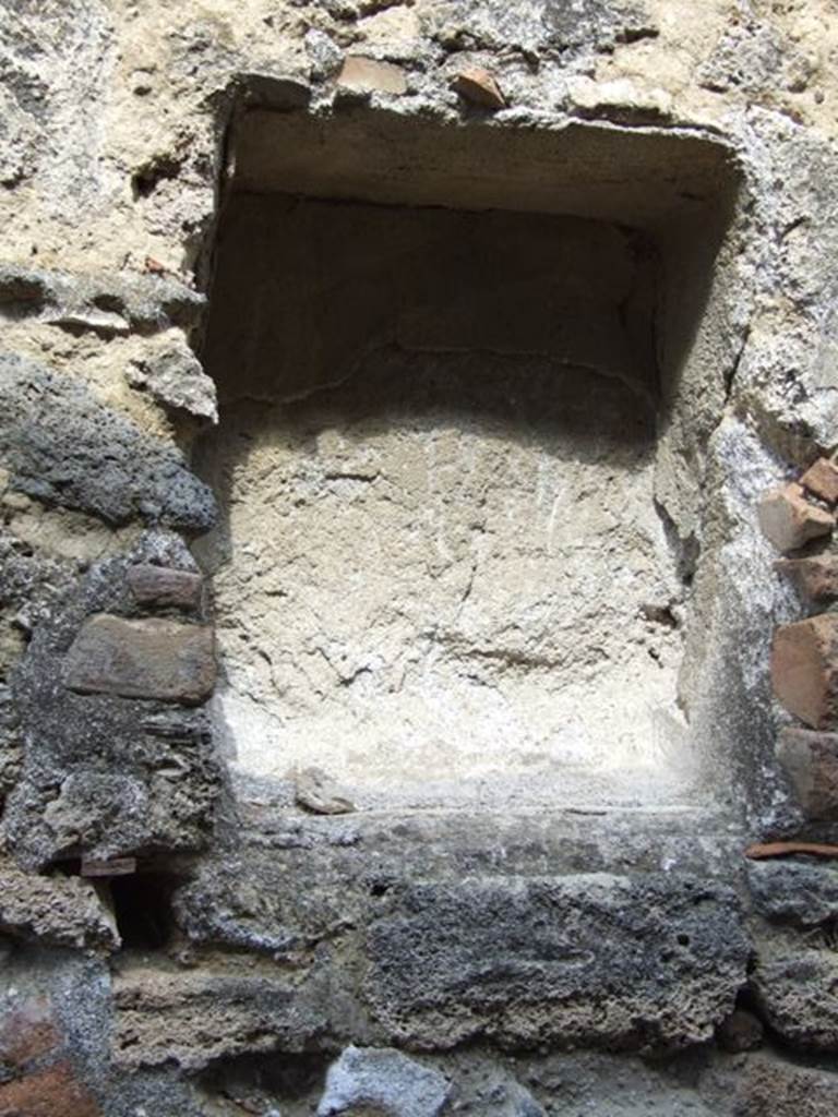 VI.14.20 Pompeii. March 2009. Room 18, niche on north wall of garden area.
According to Boyce, this rectangular niche (h.0.52, w.0.42, d.0.20, h. above floor 1.60) was found on the north wall of the peristyle.
He added a note that said – in the fullonica connected to this house a bronze statuette of Jupiter was found.
He was bearded, holding a thunderbolt in his left hand. On the base at his side stood an eagle.
See Giornale degli Scavi, N.S., III, 1876, 170.
See Boyce G. K., 1937. Corpus of the Lararia of Pompeii. Rome: MAAR 14. (p.53, no.200) 
See Giacobello, F., 2008. Larari Pompeiani: Iconografia e culto dei Lari in ambito domestico. Milano: LED Edizioni, (p.274 no.V52)

