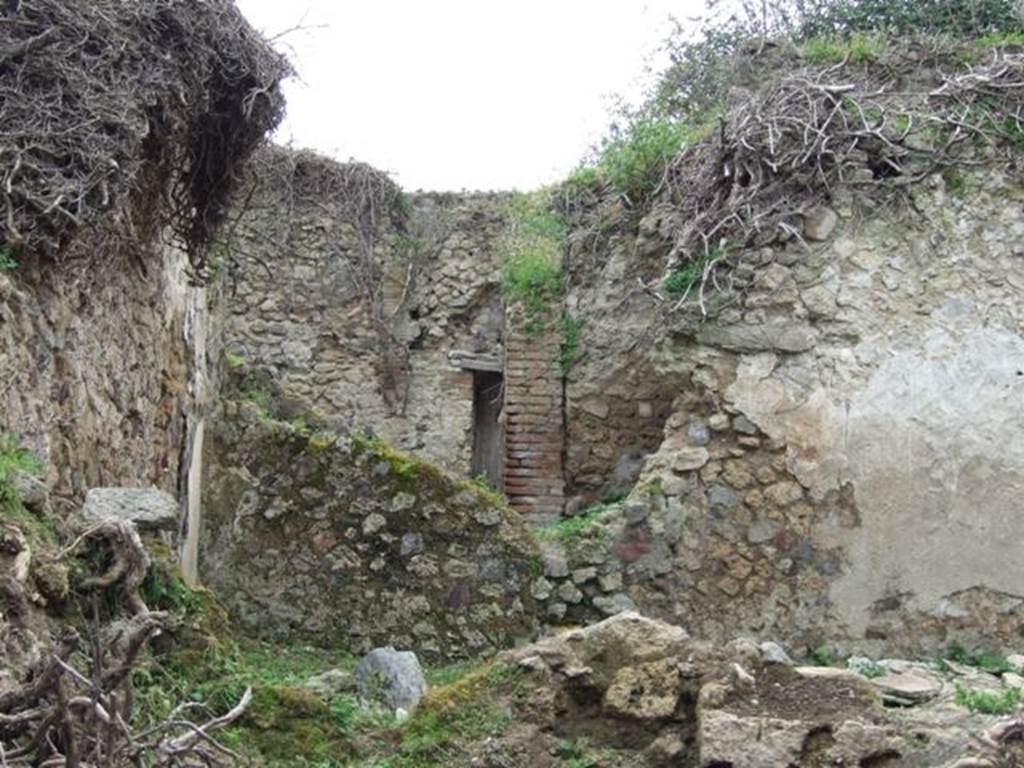 VII.3.21 Pompeii. March 2009. Looking west towards garden area of VII.3.21. 
This is at the rear of the triclinium of VII.3.13, in the foreground. 
Apart from the garden area, there was also a small room or cupboard, kitchen and latrine.
According to Boyce –
in the east wall of the kitchen between the hearth and the latrine, was a small rectangular niche (h.0.28, w.0.25, d.0.17, h. above floor 1.20).
Inside the niche, its walls were coated with red stucco.
See Boyce G. K., 1937. Corpus of the Lararia of Pompeii. Rome: MAAR 14. (p. 64, no. 268) 


