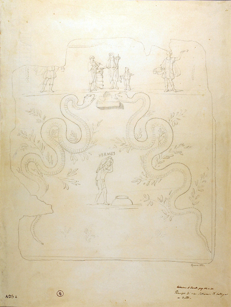 I.1.8 Pompeii. 1872 drawing by Geremia Discanno of lararium painting.
Records from the 19th century excavations of this property described a painted shrine on the north wall of the ‘first room’.
It has been unclear which of the three street-side rooms of the property is the ‘first room’. 
Only this sketch remains, which depicts an upper and lower register of decoration with various figures. 
The lower register of the shrine’s decoration depicted a man carrying an amphora, ready to pour its contents into a dolium.
He was labelled HERMES and this is the reason the property has traditionally been named the Hospitium of Hermes. [CIL IV, 3355].
Flanking Hermes were two coiled serpents, rearing up toward an altar that was topped by a pinecone. 
The upper register of the shrine’s decoration depicted a togate genius with cornucopia and patera next to a shrine with a snake coiled around it. 
To the right of the genius was the camillus holding a patera and perhaps a rooster, and to the left of the genius and altar was a tibicen. 
This scene was flanked by the twin Lares, and a garland or ribbon crowned the scene. 
Nothing of the painted shrine survives. 
Now in Naples Archaeological Museum. Inventory number ADS 2.
Photo © ICCD. http://www.catalogo.beniculturali.it
Utilizzabili alle condizioni della licenza Attribuzione - Non commerciale - Condividi allo stesso modo 2.5 Italia (CC BY-NC-SA 2.5 IT)
