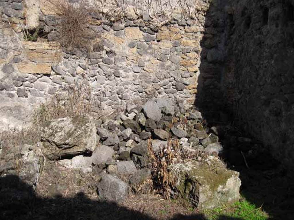 I.2.10 Pompeii. September 2010. East wall of kitchen area, in south-east corner of peristyle. A downpipe can be seen in the east wall, on the left of the photo. Photo courtesy of Drew Baker. According to Fiorelli, in the big kitchen was a cupboard, which was near to the latrine and preceded by a water-basin. See Pappalardo, U., 2001. La Descrizione di Pompei per Giuseppe Fiorelli (1875). Napoli: Massa Editore. (p.35)

