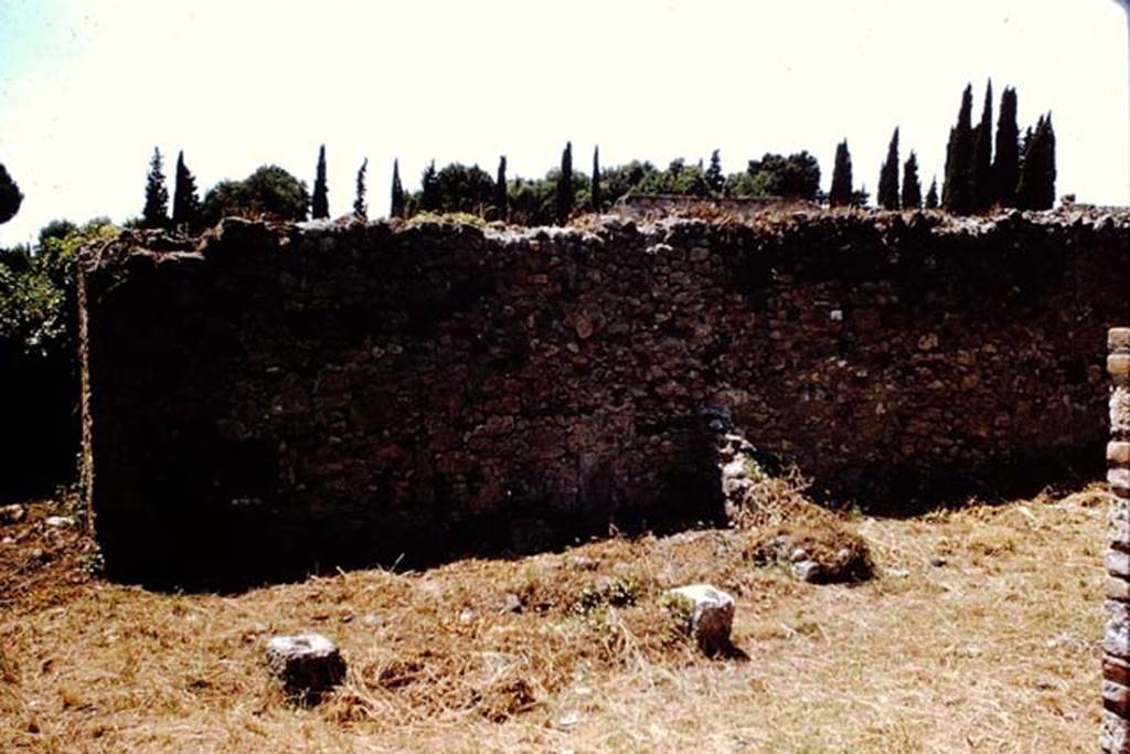 I.2.20 Pompeii. 1966. Looking towards west wall of garden area, with south side of biclinium still in situ. Photo by Stanley A. Jashemski.
Source: The Wilhelmina and Stanley A. Jashemski archive in the University of Maryland Library, Special Collections (See collection page) and made available under the Creative Commons Attribution-Non Commercial License v.4. See Licence and use details. J66f0216
