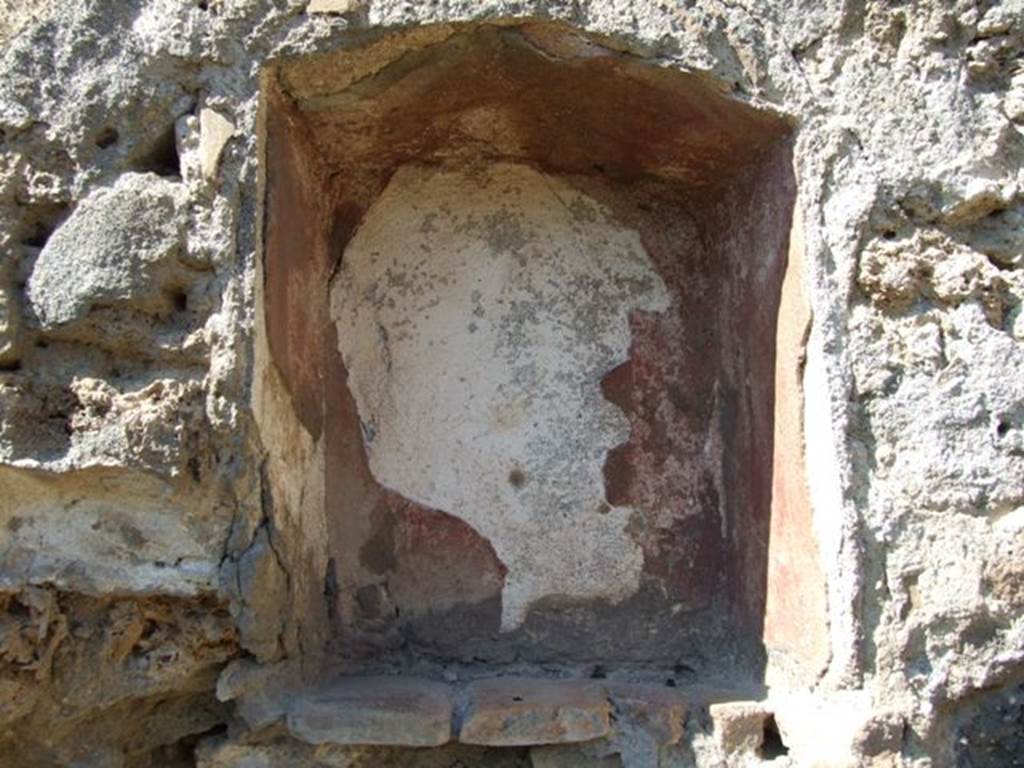 I.2.22 Pompeii. March 2009. Room 1, niche in north wall of shop area.
Boyce described this as an irregular rectangular niche, with a peaked ceiling and its inside walls painted red. See Boyce G. K., 1937. Corpus of the Lararia of Pompeii. Rome: MAAR 14. (p.23) 


