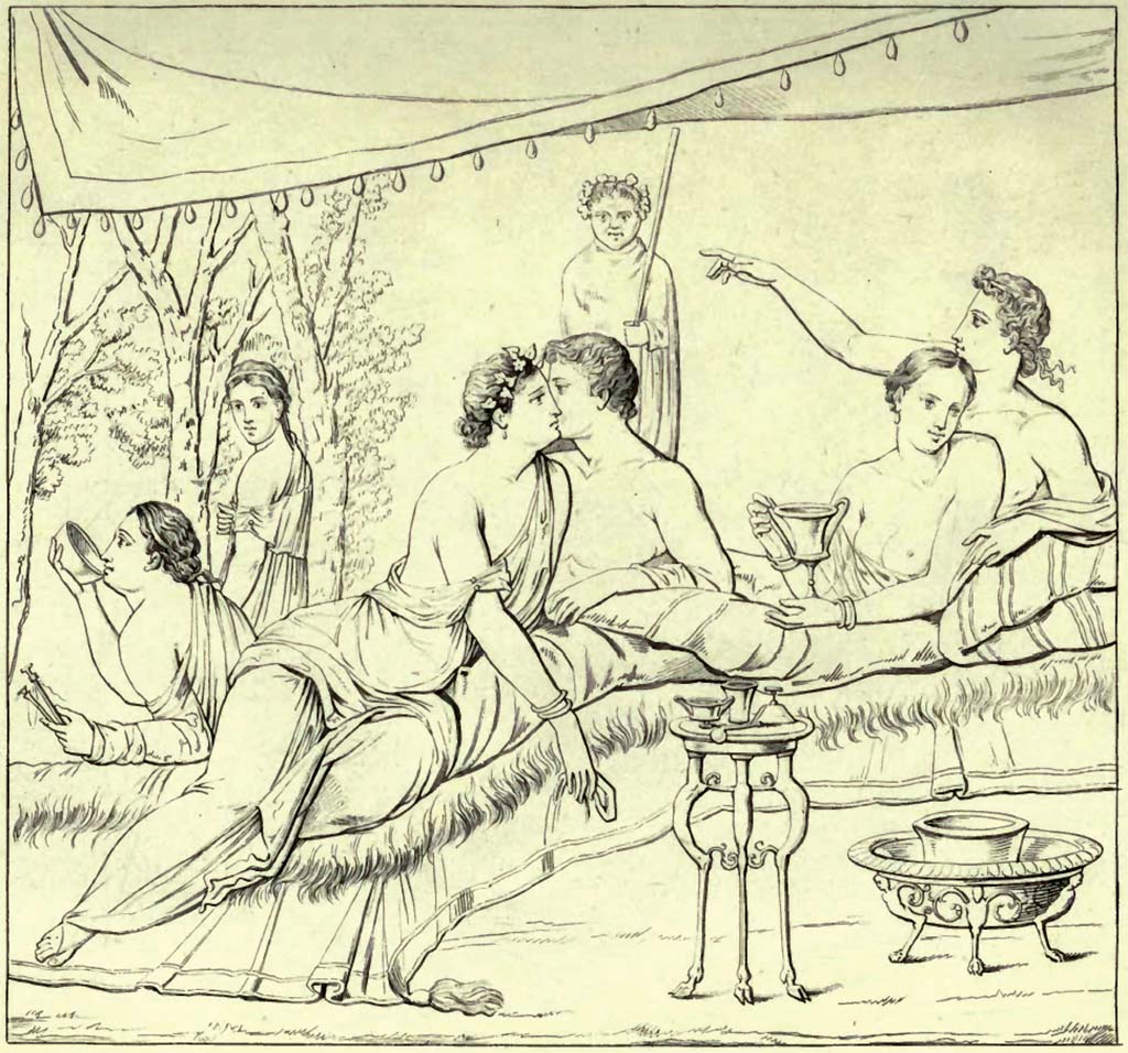 I.3.18 Pompeii. Pre-1843. Drawing by Abbate of banqueting scene.
Original painting now in Naples Archaeological Museum. Inventory number 9015.
See Raccolta de pi interessante Dipinture e di pi belle Musaici rinvenuti negli Scavi di Ercolano, di Pompei, e di Stabia. 1843. Napoli.
