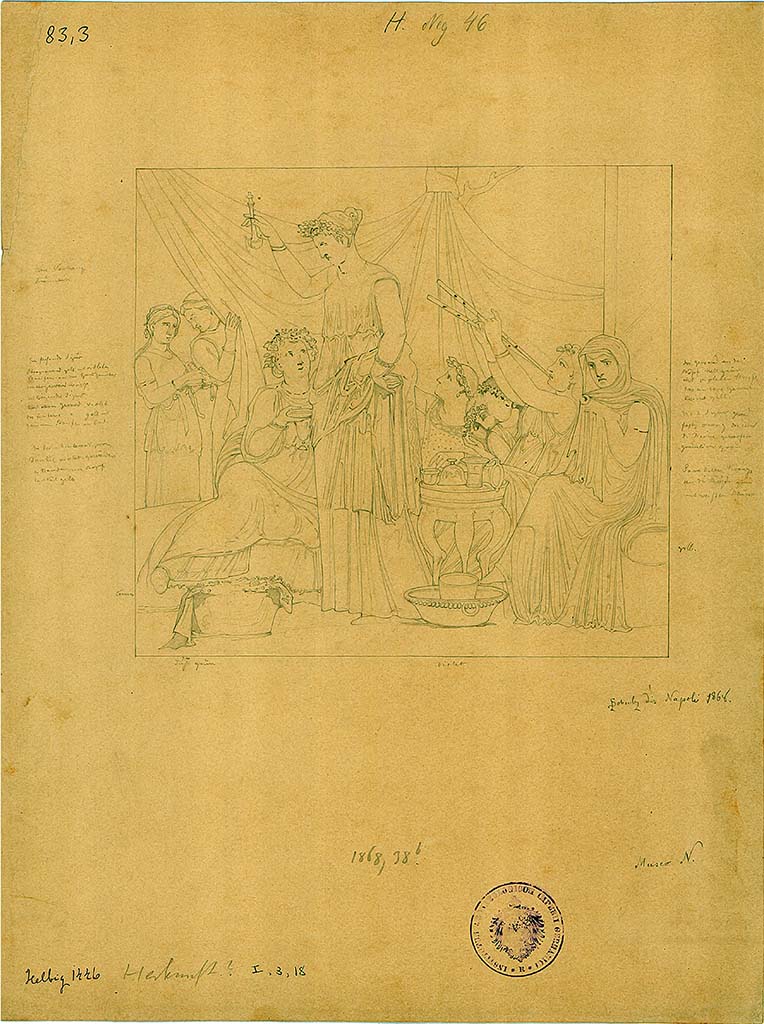 I.3.18 Pompeii. Drawing by L. Schulz dated 1868, of a womens banquet scene.
DAIR 83.3. Photo  Deutsches Archologisches Institut, Abteilung Rom, Arkiv. 
