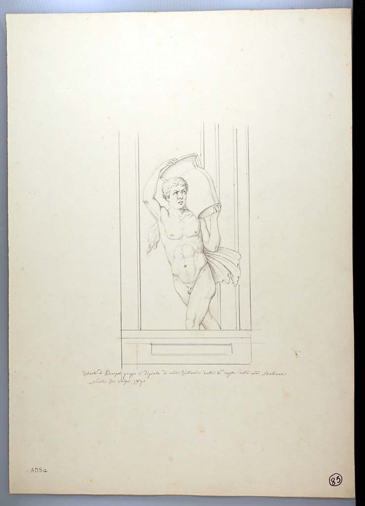 I.3.25 Pompeii. 1870 drawing by Nicola La Volpe of figure on west side of central figure on south wall.
See Sogliano, A., 1879. Le pitture murali campane scoverte negli anni 1867-79. Napoli: Giannini. (p.43, no.187, perhaps a Satyr carrying a vase.)
Now in Naples Archaeological Museum. Inventory number ADS 12.
Photo  ICCD. http://www.catalogo.beniculturali.it
Utilizzabili alle condizioni della licenza Attribuzione - Non commerciale - Condividi allo stesso modo 2.5 Italia (CC BY-NC-SA 2.5 IT)
