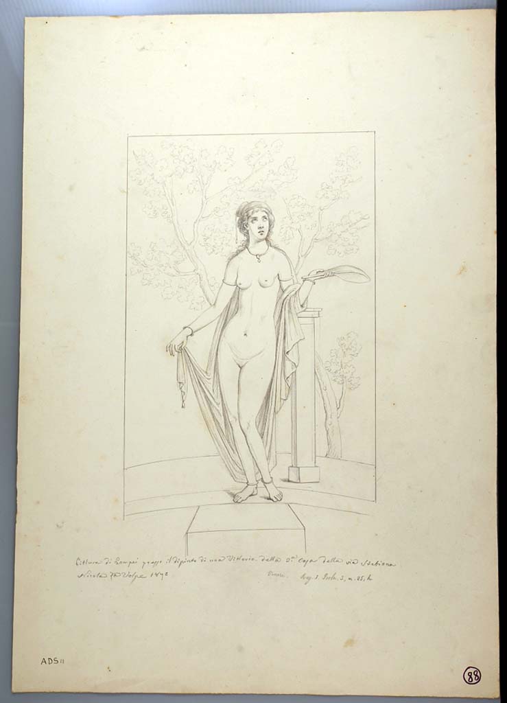 I.3.25 Pompeii. 1870 drawing of Aphrodite by Nicola La Volpe from centre of west wall in oecus. 
See Sogliano, A., 1879. Le pitture murali campane scoverte negli anni 1867-79. Napoli: Giannini. (p.32, no.127).
Now in Naples Archaeological Museum. Inventory number ADS 11.
Photo  ICCD. http://www.catalogo.beniculturali.it
Utilizzabili alle condizioni della licenza Attribuzione - Non commerciale - Condividi allo stesso modo 2.5 Italia (CC BY-NC-SA 2.5 IT)