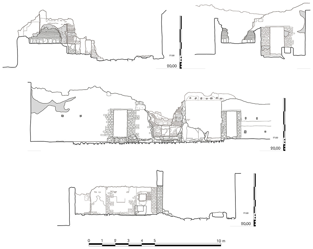 Fig. 10  Pompi, boulangerie I 3, 27  Coupes longitudinale et transversale du four (en haut) ; salle des meules, lvation sud (au milieu) ; salle du ptrin, lvation occidentale (en bas).
chelle : 1/100.
Relev / dessin : F. Fouriaux / S. Mencarelli  EFR. Utilisation soumise  CC-BY-NC-SA 4.0
