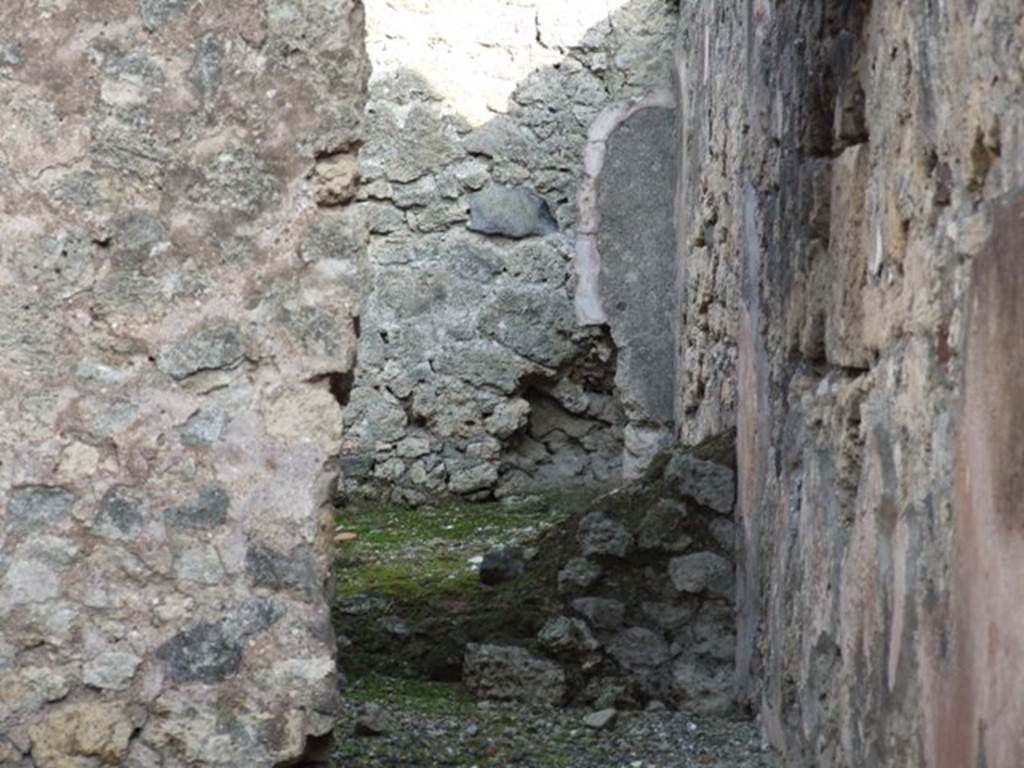 I.4.11 Pompeii. December 2007.  Looking east from first rear room with doorway to second rear room and to viridarium and latrine. Looking towards the south-east corner of the second rear room.  The latrine was in the south-east corner, according to Jashemski.
According to Boyce, on the north wall of the rear room was a lararium painting.  He described the Genius pouring a libation upon an altar; on each side of him stood a Lar. Below him was the painted altar with the two serpents. Below that was a masonry altar.
See Boyce G. K., 1937. Corpus of the Lararia of Pompeii. Rome: MAAR 14. (p.25) 
According to Jashemski, neither the lararium painting nor the masonry altar exists today. See Jashemski, W. F., 1993. The Gardens of Pompeii, Volume II: Appendices. New York: Caratzas. (p. 32)


