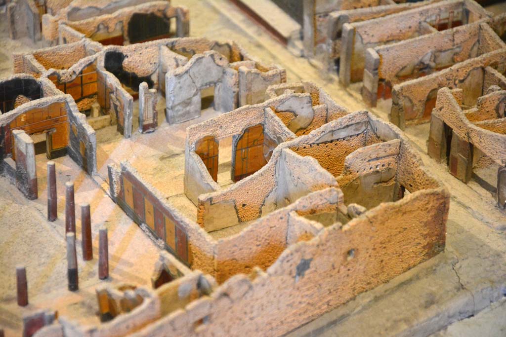 I.4.25 Pompeii. May 2019. Detail from model in Naples Archaeological Museum.
Looking north-west from above Vicolo del Citarista, bottom right, towards atrium and north portico of upper peristyle. 
The entrance corridor/fauces is on the upper centre right on the Via dell’Abbondanza.
The north portico of upper peristyle 56 is on the left.
Foto Tobias Busen, ERC Grant 681269 DÉCOR

