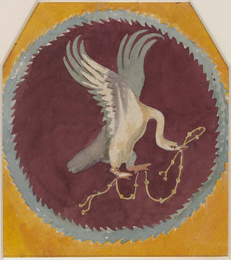 I.4.25 Pompeii. c.1879. 
Painting by Sydney Vacher, of painted panel of bird with ribbon in mouth and claw, from the north wall of upper peristyle 56 at east end. 
Photo © Victoria and Albert Museum, inventory number E.4422-1910.

