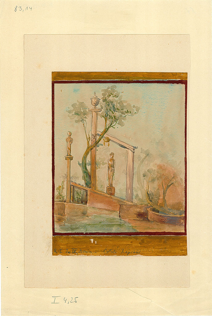 I.4.25 Pompeii. Painting of sacred landscape with tree, statues and pillar with vase. 
From upper peristyle 56, north wall, east end. 
This is from the fourth panel from the west in the Mau painting above. The artist is unknown.
DAIR 83.14. Photo © Deutsches Archäologisches Institut, Abteilung Rom, Arkiv. 
See Carratelli, G. P., 1990-2003. Pompei: Pitture e Mosaici: Vol. 1. Roma: Istituto della enciclopedia italiana, pp. 164-5.
