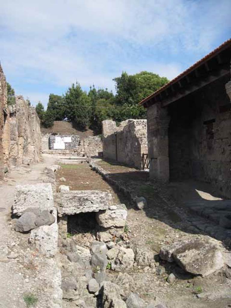 I.5.1 Pompeii. September 2010. Vicolo del Conciapelle, looking east towards unexcavated region. Photo courtesy of Drew Baker.
