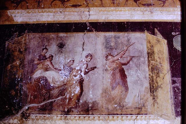 I.6.2 Pompeii. 1968. Painted decoration from north wall of oecus/triclinium. Photo courtesy of Alix Barbet.