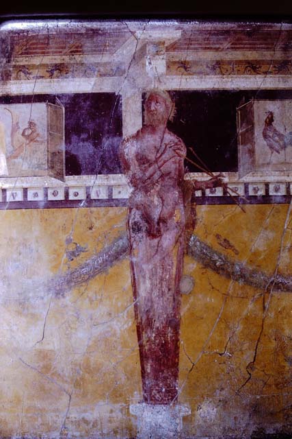 I.6.2 Pompeii, 1968.  Oecus in the south-east corner, wall painting showing a sitting philosopher, a standing woman and Charon, from centre of south wall.  Photo by Stanley A. Jashemski.
Source: The Wilhelmina and Stanley A. Jashemski archive in the University of Maryland Library, Special Collections (See collection page) and made available under the Creative Commons Attribution-Non Commercial License v.4. See Licence and use details.
J68f0527
