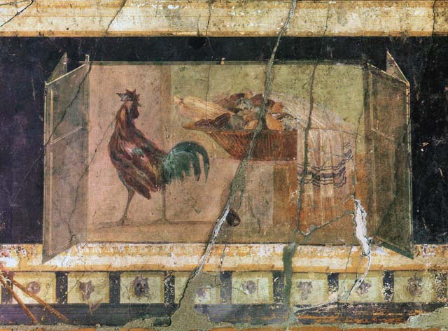 I.6.2 Pompeii. Detail of pinax on south wall of oecus/triclinium in south-east corner.
The farewell of Alcestis, as she goes to take Charon’s ferry to the underworld. 
SAP inventory number 59469b.
