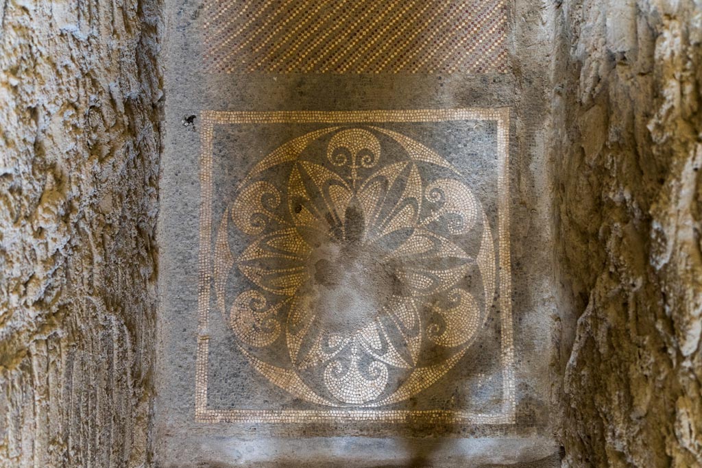 I.6.2 Pompeii. September 2019. Detail
Looking east across mosaic flooring in doorway of anteroom, apodyterium or changing room.
Photo courtesy of Klaus Heese.
