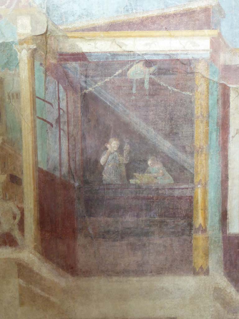 I.6.2 Pompeii. May 2006. North wall of frigidarium, with detail of upper west end. Painting of woman on balcony with a maidservant.